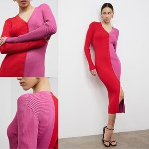 STAUD Red and Pink Ribbed Knit Dress